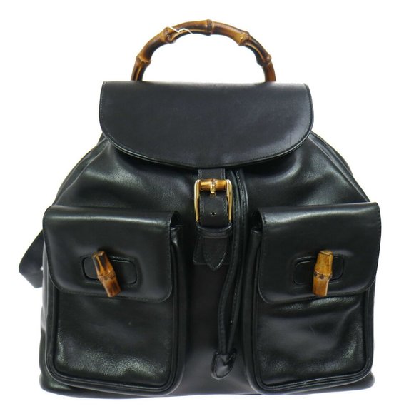GUCCI Bamboo Line Backpack Black Leather Vintage G - Picture 2 of 11